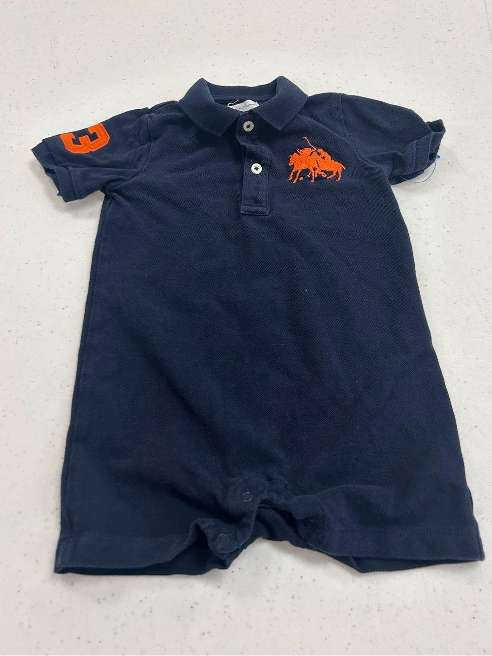 Polo by Ralph Lauren Navy One-Piece shorts romper 18 months with Orange Logo